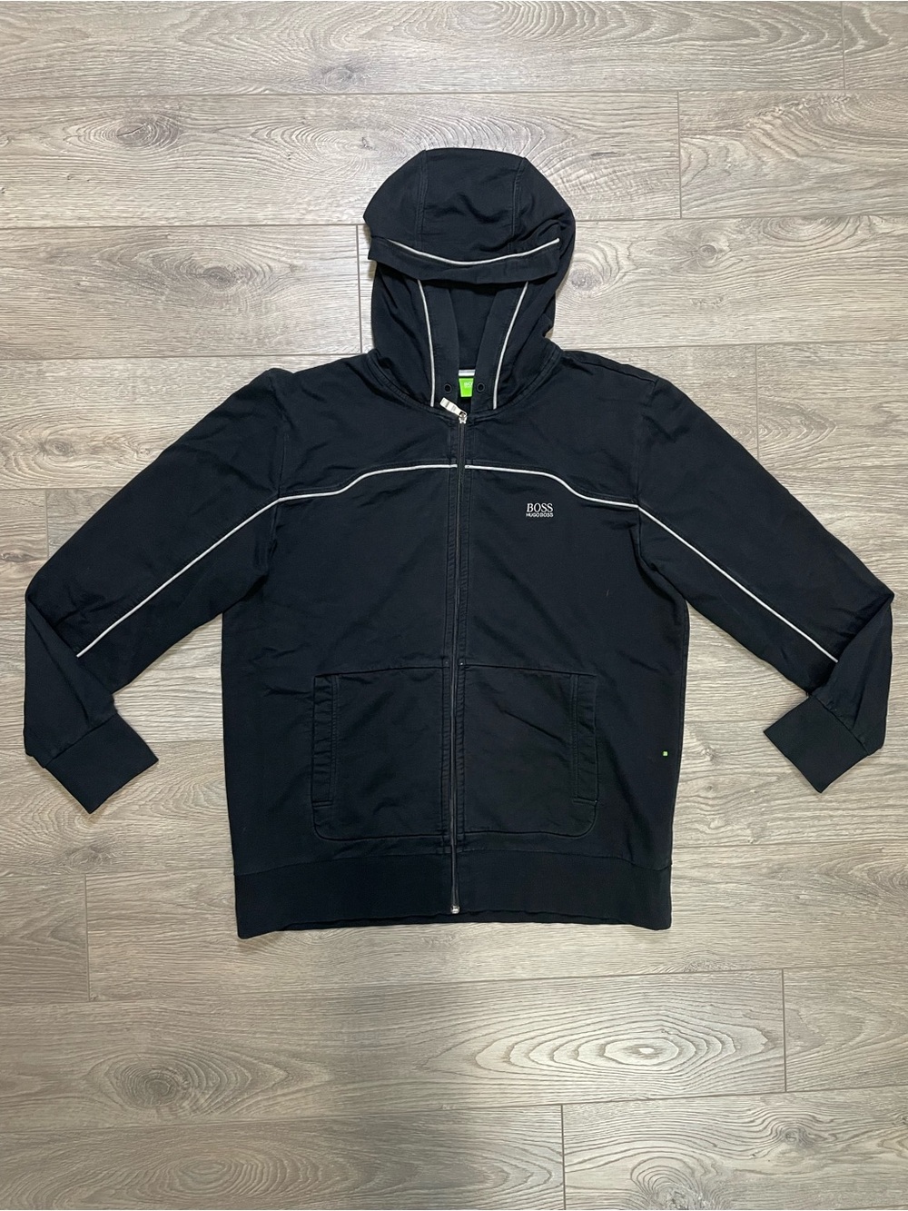 Vintage Hugo Boss Saggy Full Zip Hoodie Black White Piping Embroidered fit Large